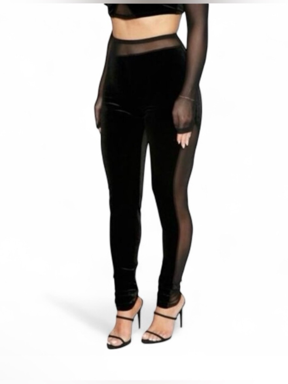 naked wardrobe Black Velvet Leggings with Sheer Side Panels